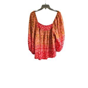 Rusttydustty Womens 1XL Peasant Top Boho Style Red & Orange Paisley Print